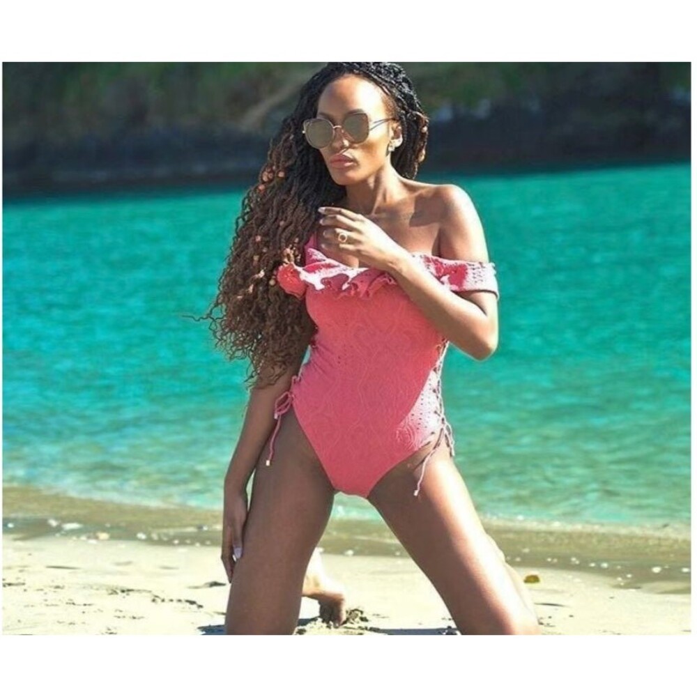New Pink Swimsuit One Piece Lucia Ruffle Off Shoulder Side Tie Lined S-XL $170 - Picture 2 of 16